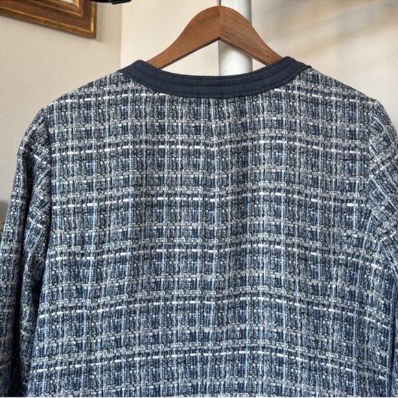 Talbots Tweed Crew Chambray trim Blazer Jacket Sz 16/XL Navy Blue White Fringe - Picture 15 of 16
